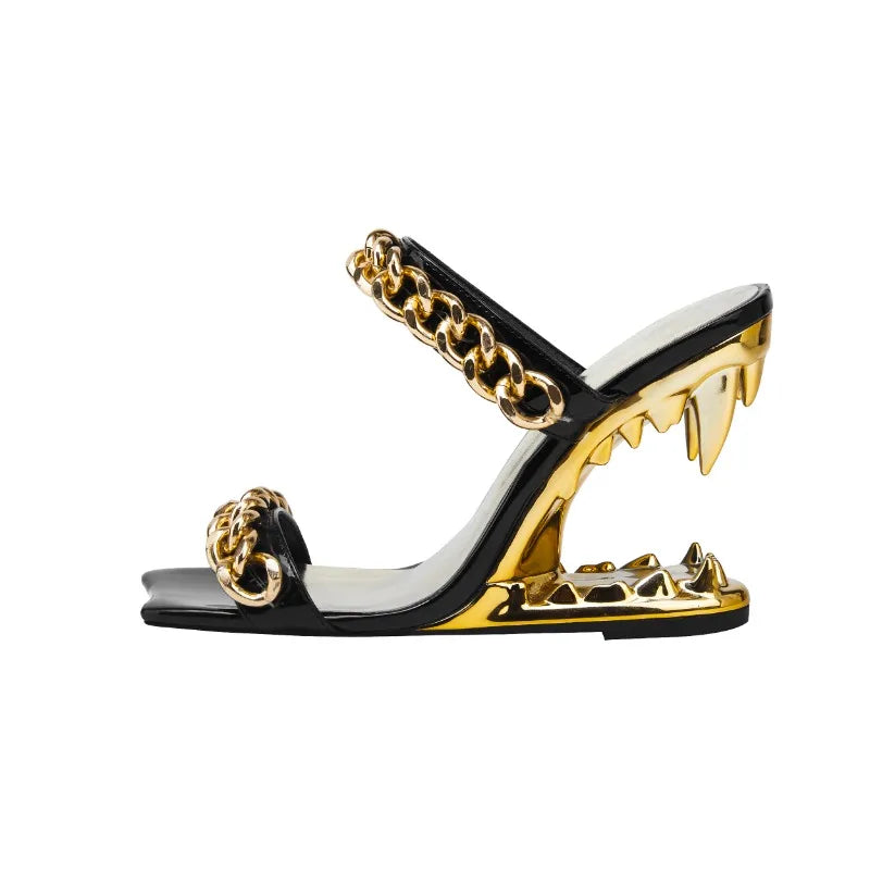 2026 Big Gold Chain Peep Toe Tiger Teeth Heel Sandals 2024 New Fashion Silvery Beach Party Outdoors Women's Slippers Size 35-43