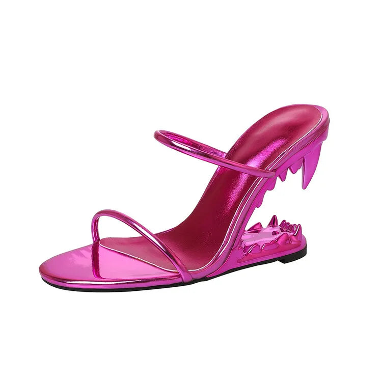 2026 Big Gold Chain Peep Toe Tiger Teeth Heel Sandals 2024 New Fashion Silvery Beach Party Outdoors Women's Slippers Size 35-43