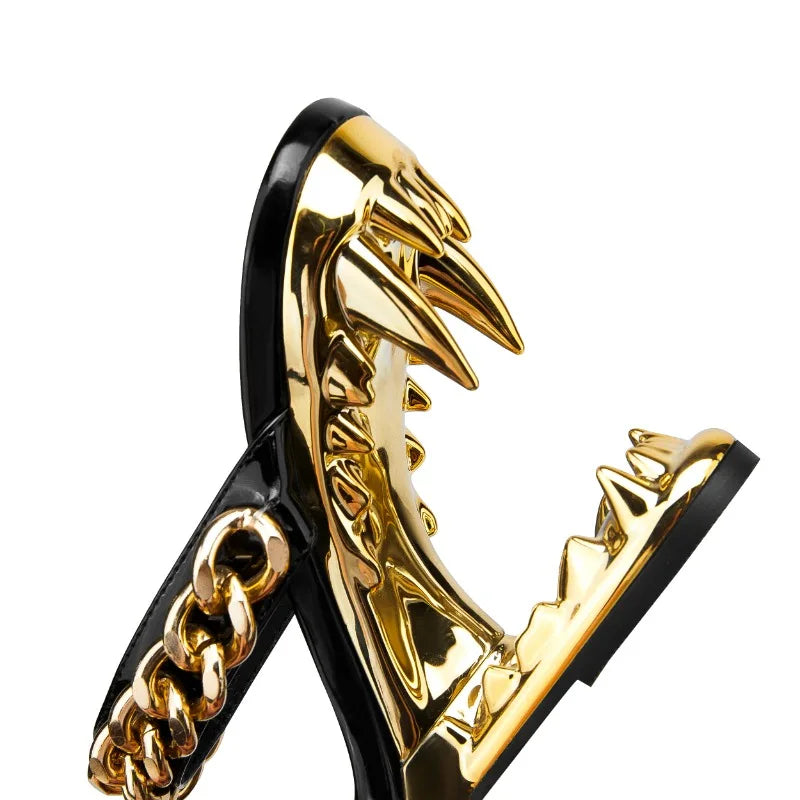 2026 Big Gold Chain Peep Toe Tiger Teeth Heel Sandals 2024 New Fashion Silvery Beach Party Outdoors Women's Slippers Size 35-43