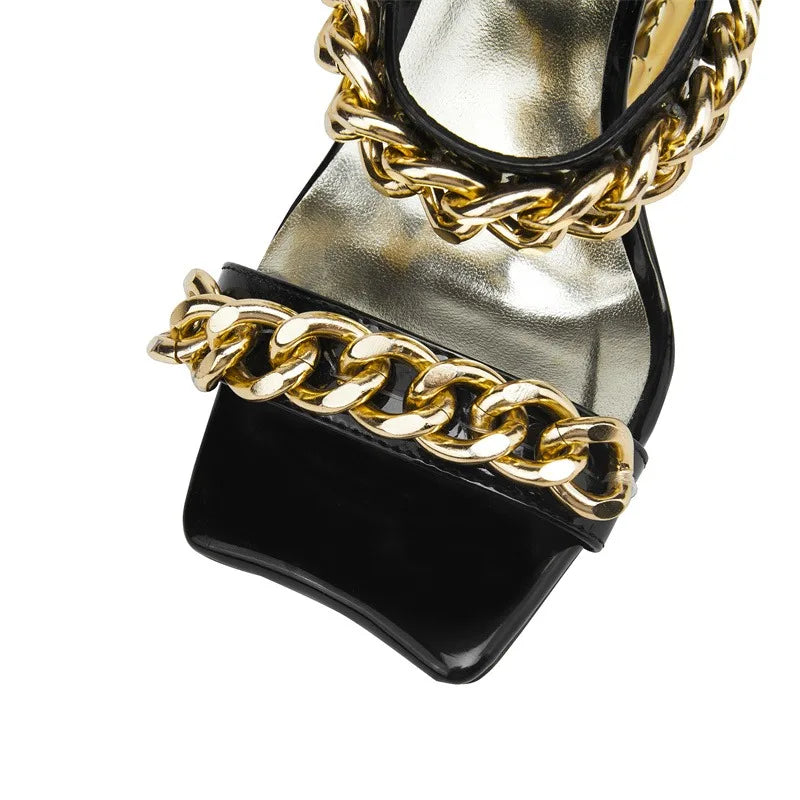 2026 Big Gold Chain Peep Toe Tiger Teeth Heel Sandals 2024 New Fashion Silvery Beach Party Outdoors Women's Slippers Size 35-43