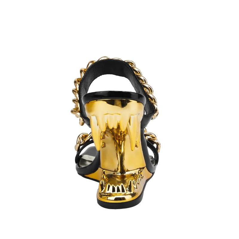2026 Big Gold Chain Peep Toe Tiger Teeth Heel Sandals 2024 New Fashion Silvery Beach Party Outdoors Women's Slippers Size 35-43