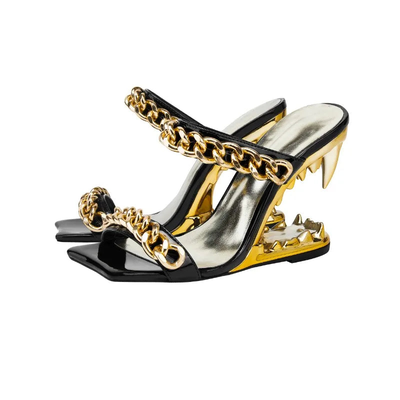 2026 Big Gold Chain Peep Toe Tiger Teeth Heel Sandals 2024 New Fashion Silvery Beach Party Outdoors Women's Slippers Size 35-43
